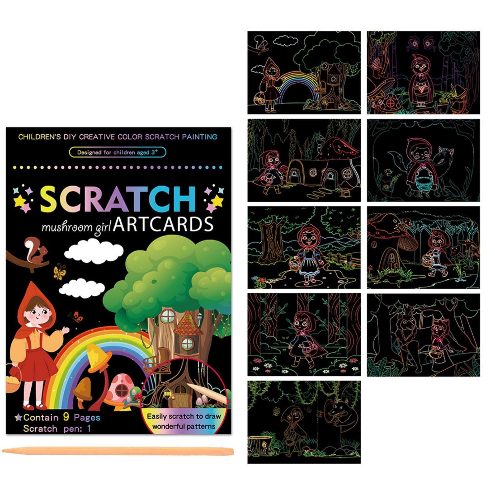 Magic Scratch Art Paper Set, 9 Sheets with Wooden Stylus for Creative