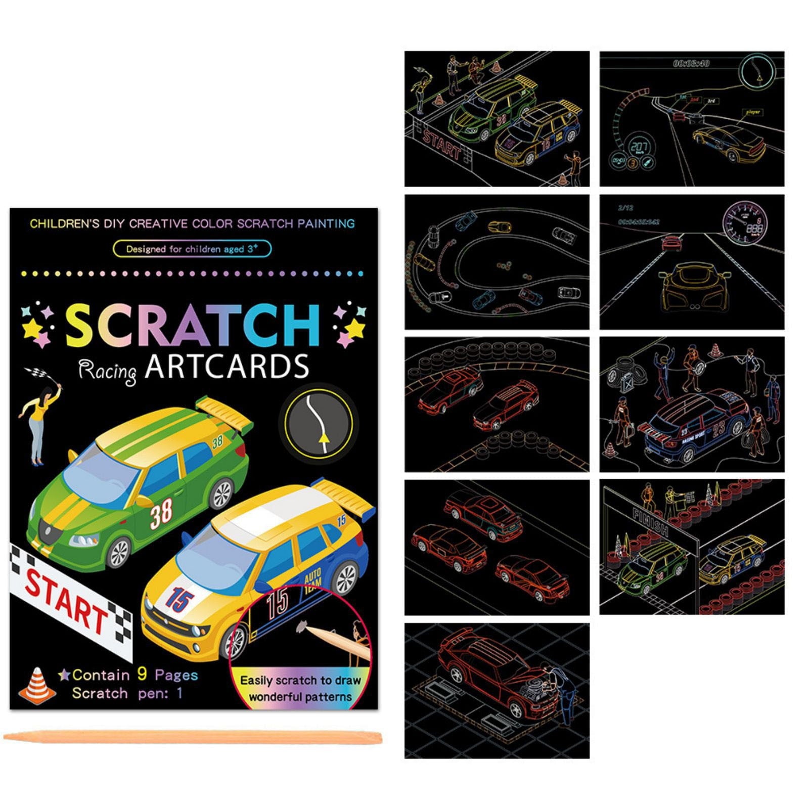 Magic Scratch Art Paper Set, 9 Sheets with Wooden Stylus for Creative
