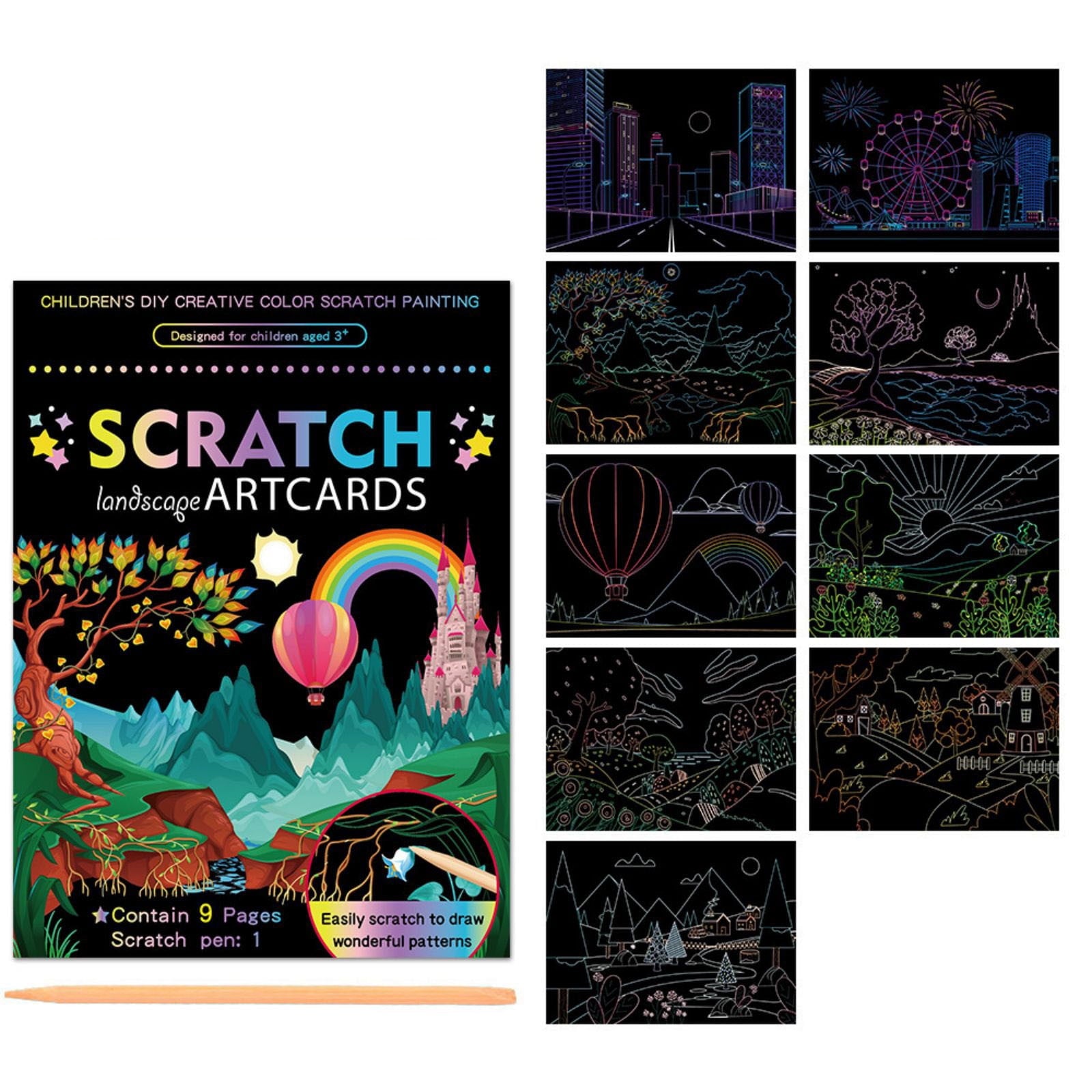 Magic Scratch Art Paper Set, 9 Sheets with Wooden Stylus for Creative