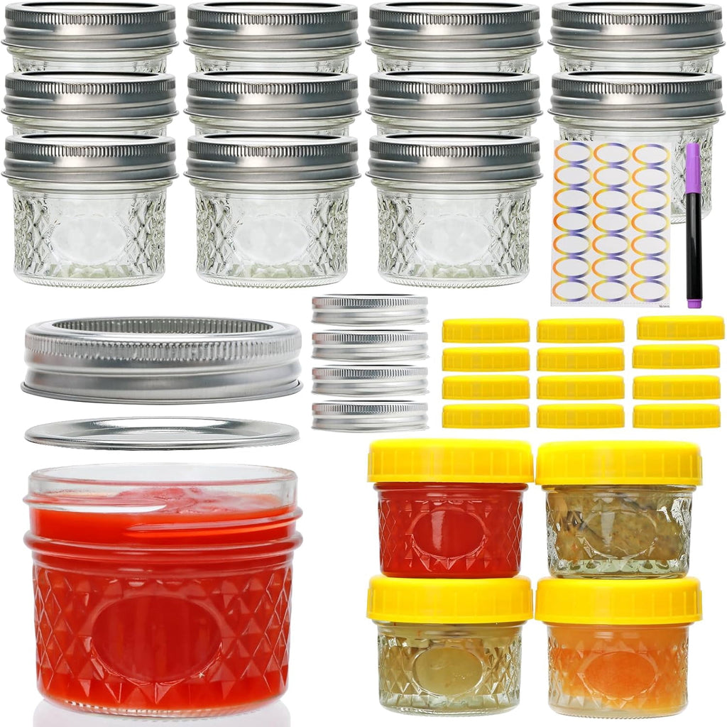 Mini Mason Jars, Canning Jars, 4oz Mason Jars with Silver and Yellow L