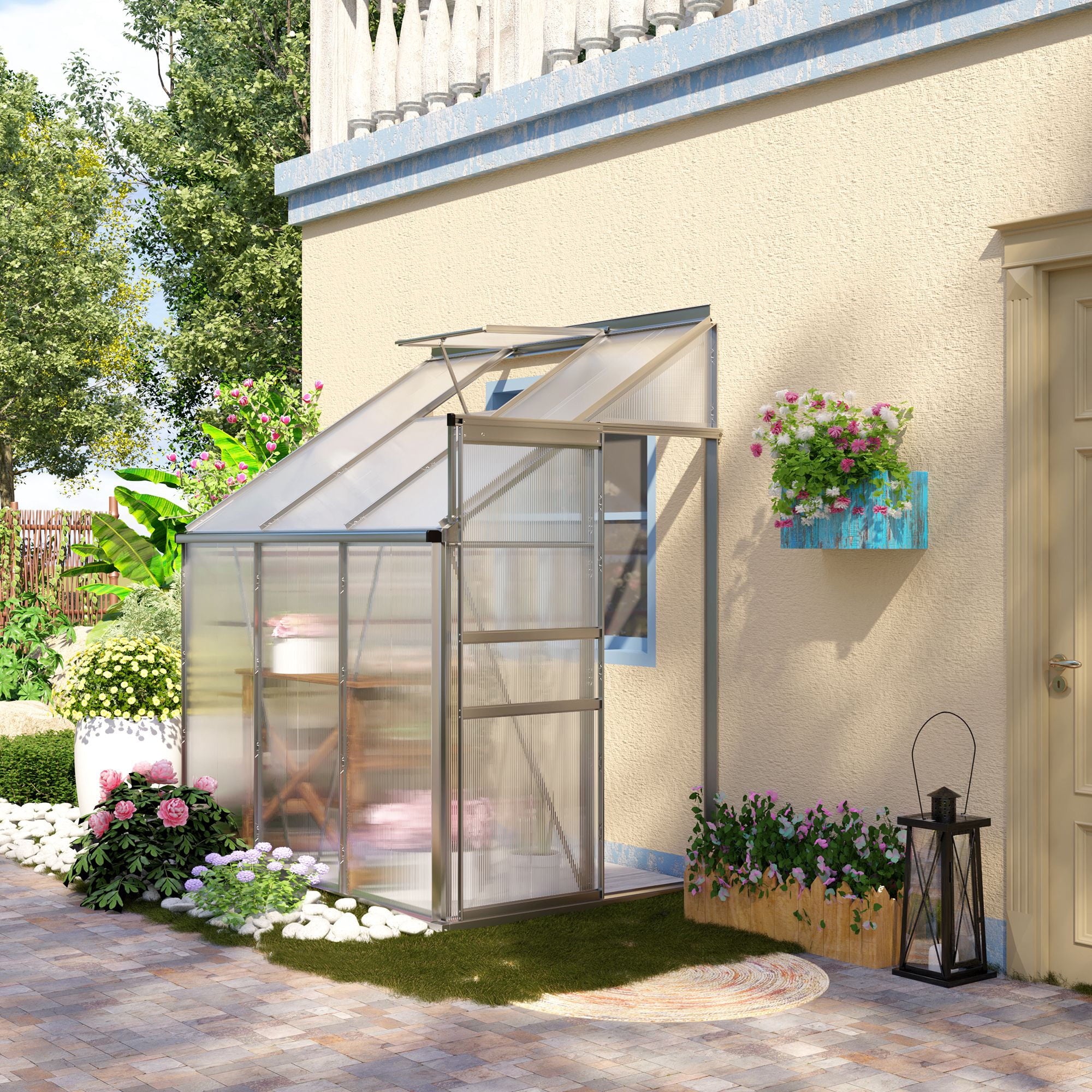 Outsunny 6' x 4' Aluminum Lean-to Greenhouse Polycarbonate Walk-in Gar