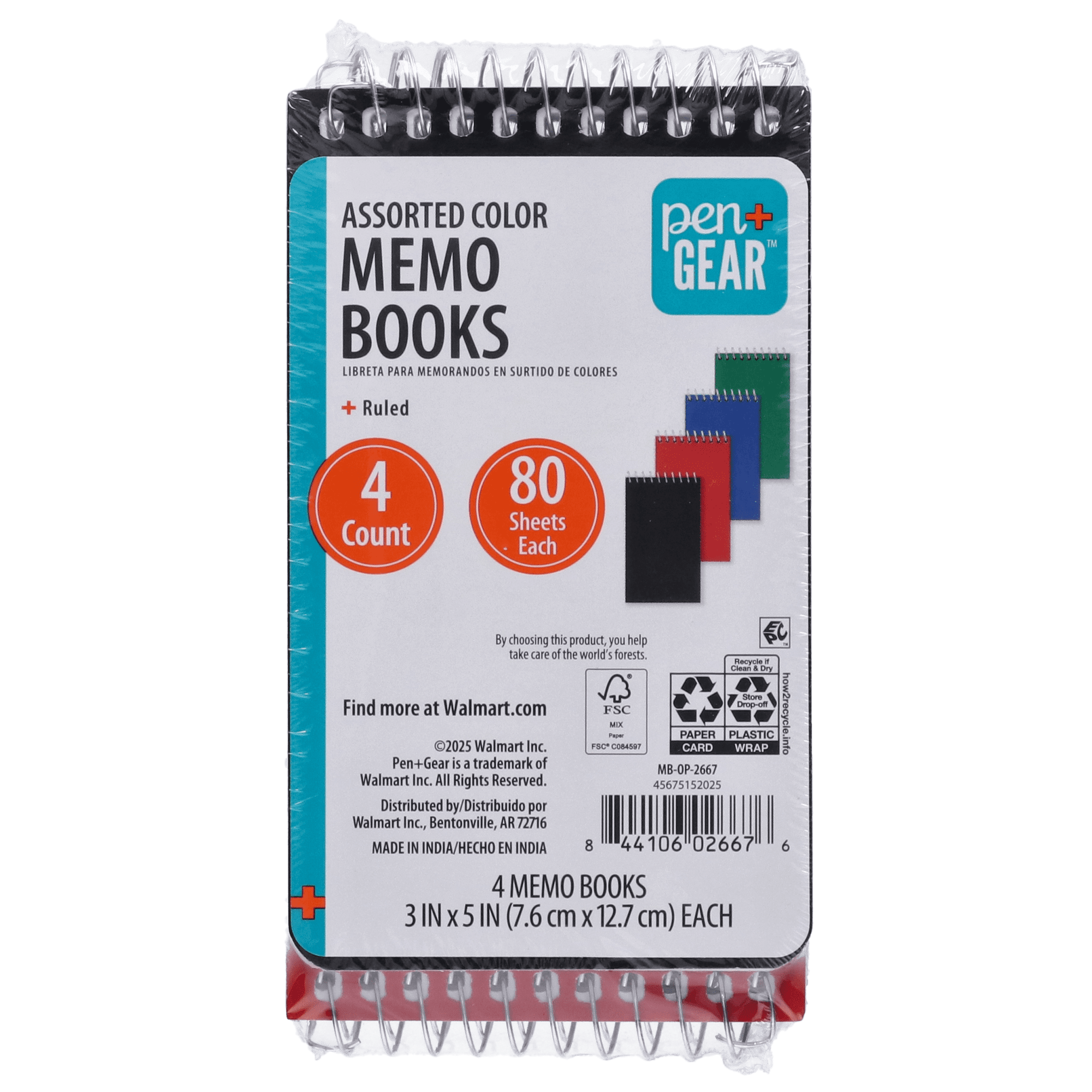 Pen + Gear Spiral Bound Ruled Paper Memo Book, 3 in x 5 in, 4 Pack, 80