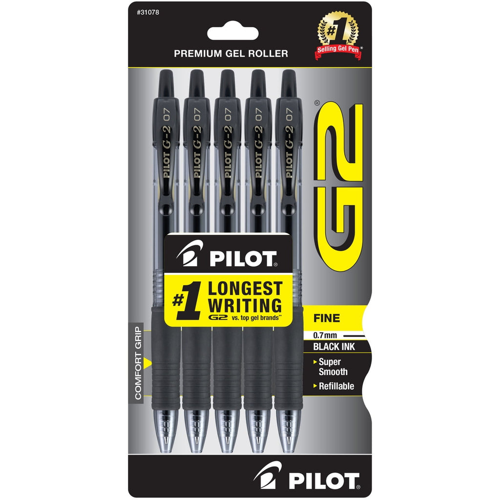 Pilot G2 Retractable Gel Ink Pens, Fine Point, 0.7mm. Black Ink, 5 Pac