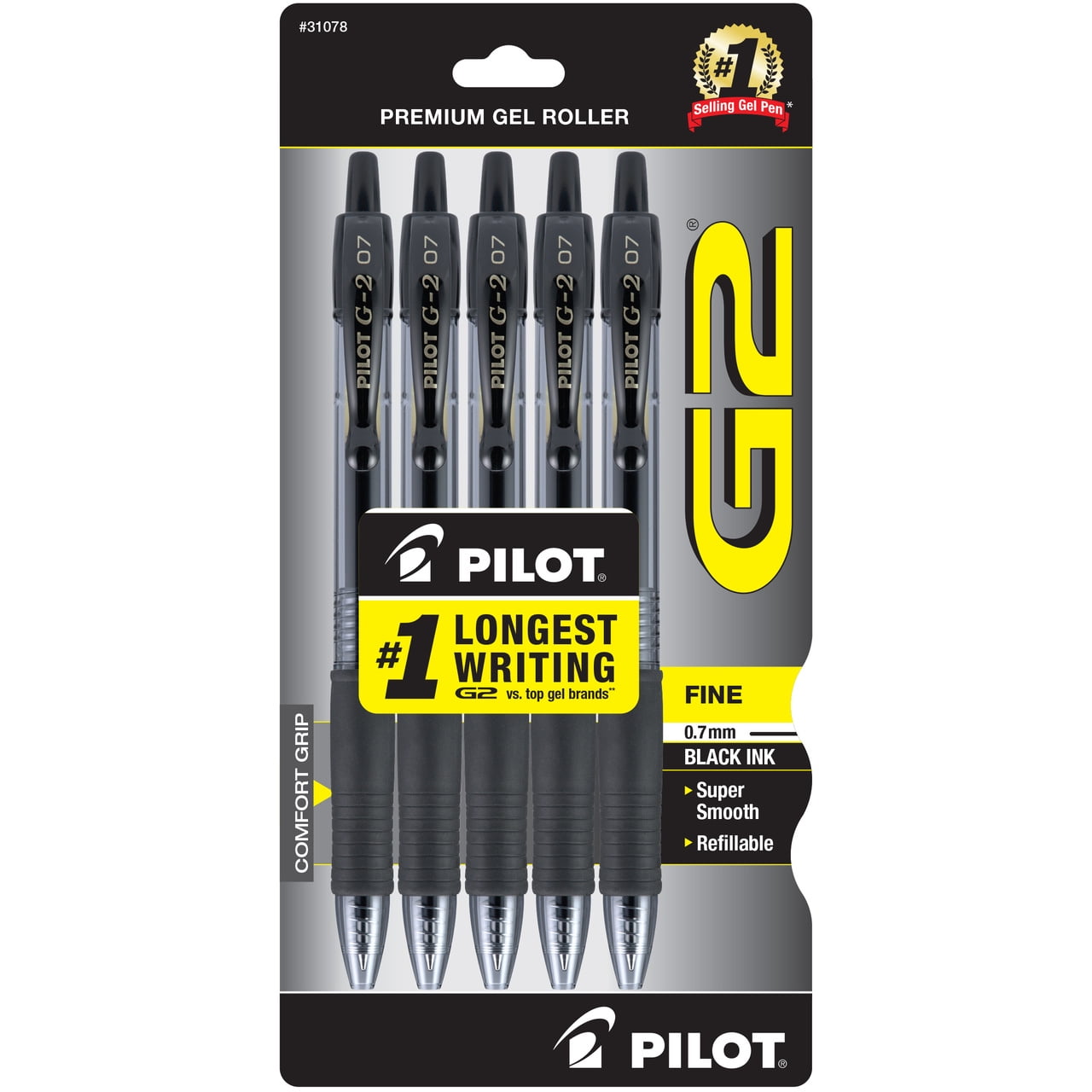 Pilot G2 Retractable Gel Ink Pens, Fine Point, 0.7mm. Black Ink, 5 Pac
