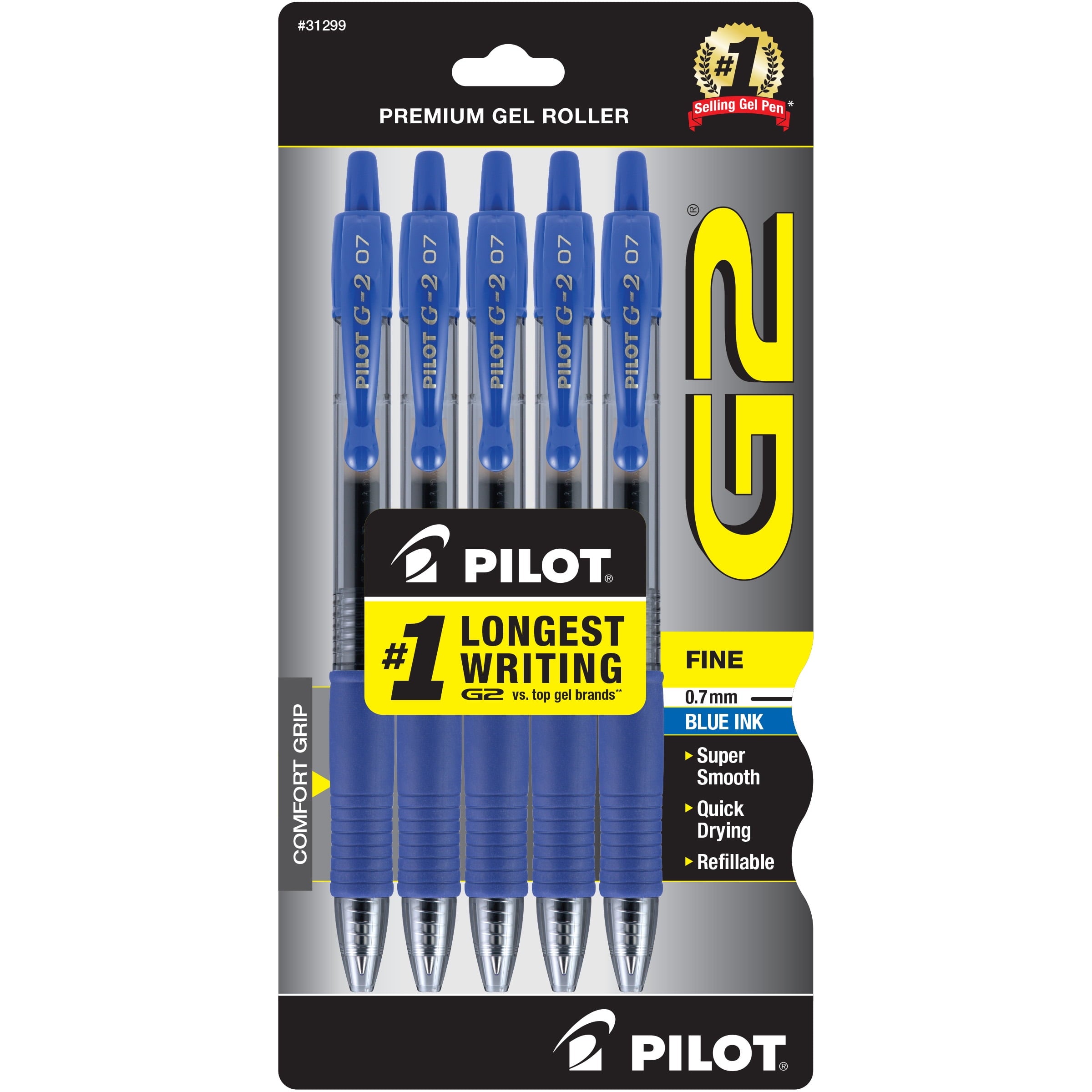 Pilot G2 Retractable Gel Ink Pens, Fine Point, 0.7mm. Black Ink, 5 Pac