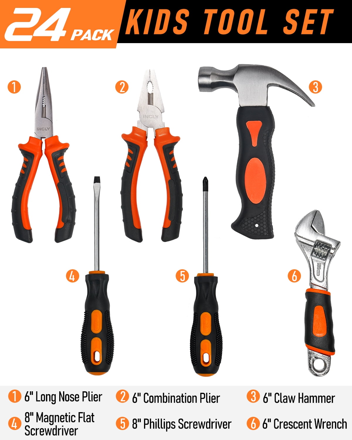 INCLY 24 PCS Real Tool Set with Tool Bag, Boys Small Real Hand Tools K