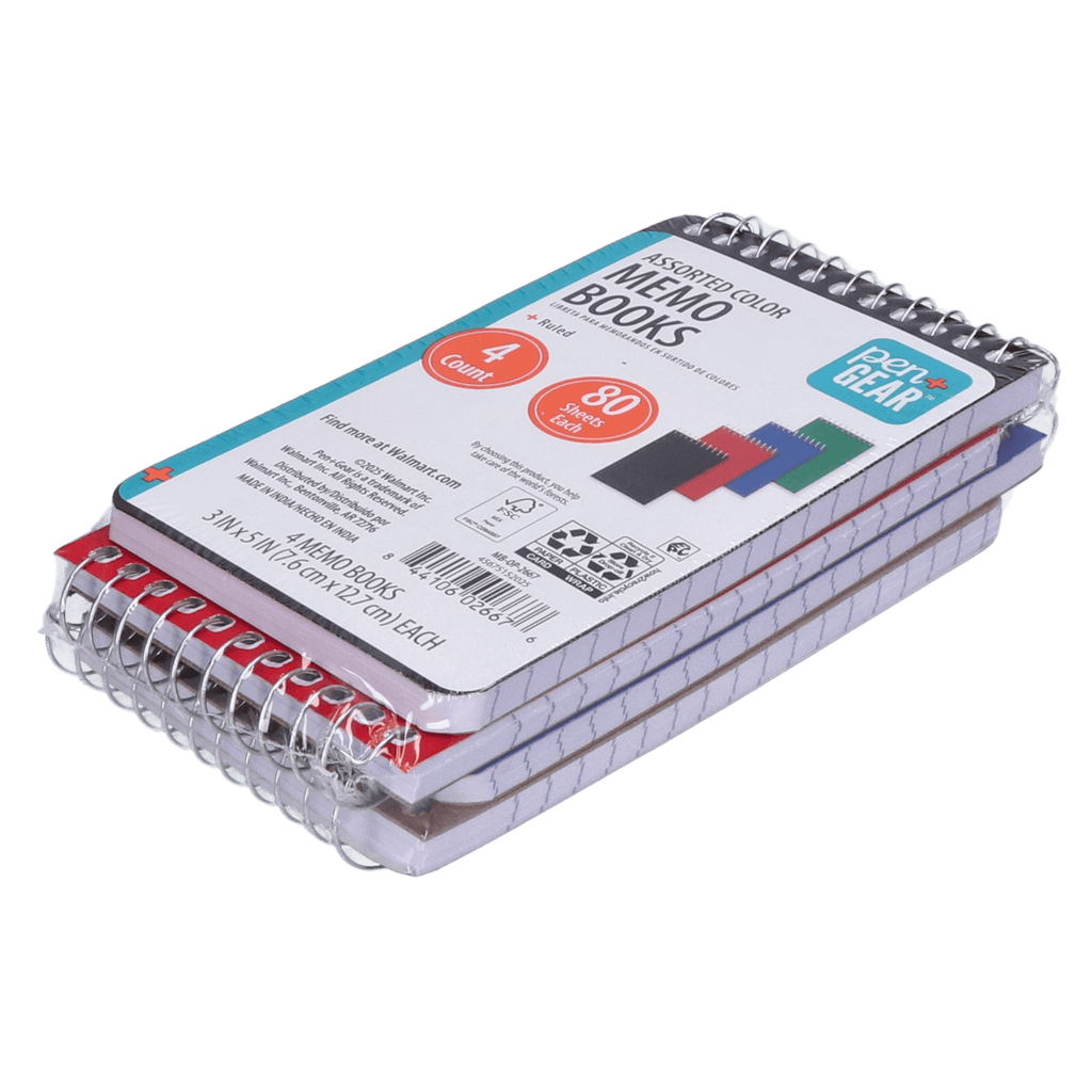 Pen + Gear Spiral Bound Ruled Paper Memo Book, 3 in x 5 in, 4 Pack, 80