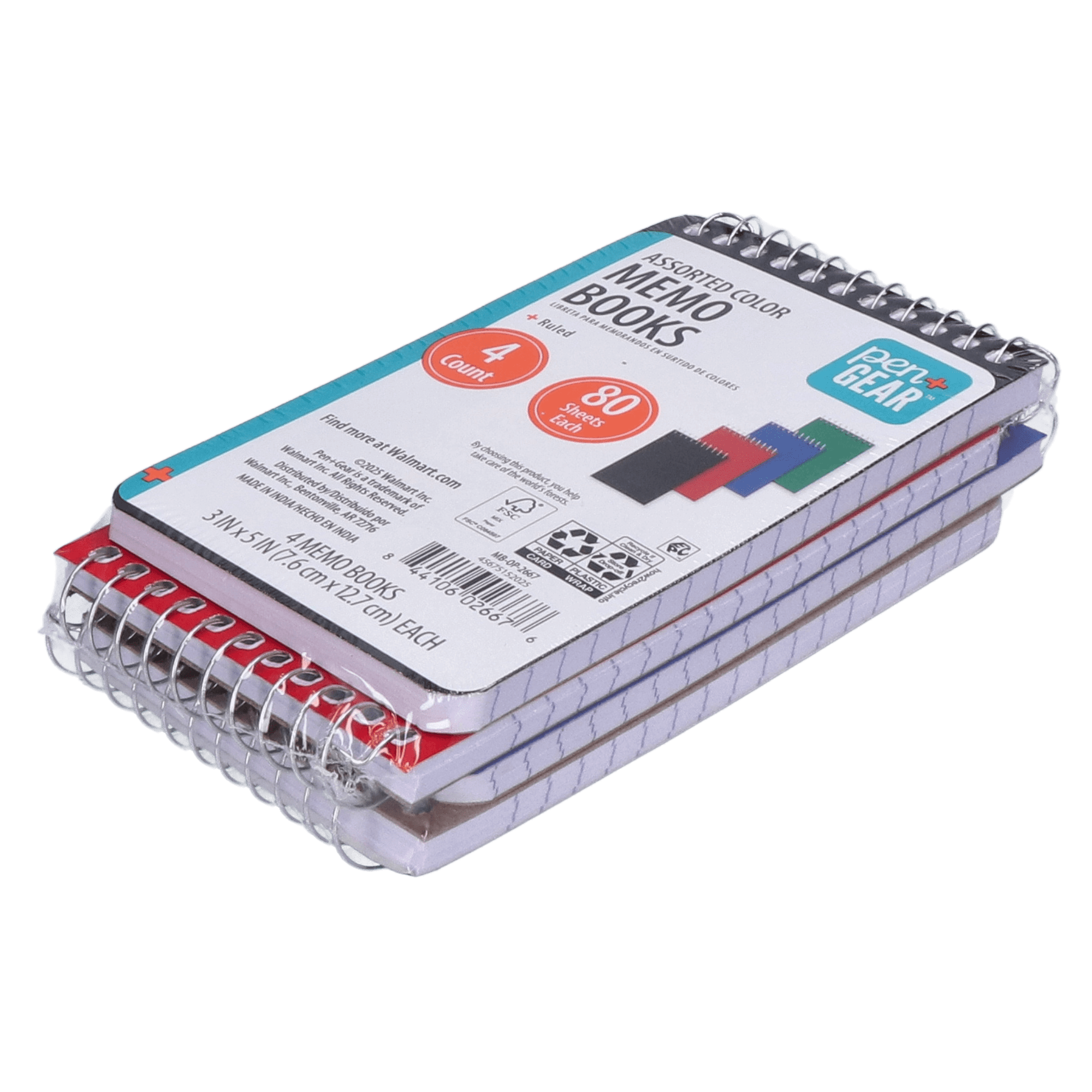 Pen + Gear Spiral Bound Ruled Paper Memo Book, 3 in x 5 in, 4 Pack, 80