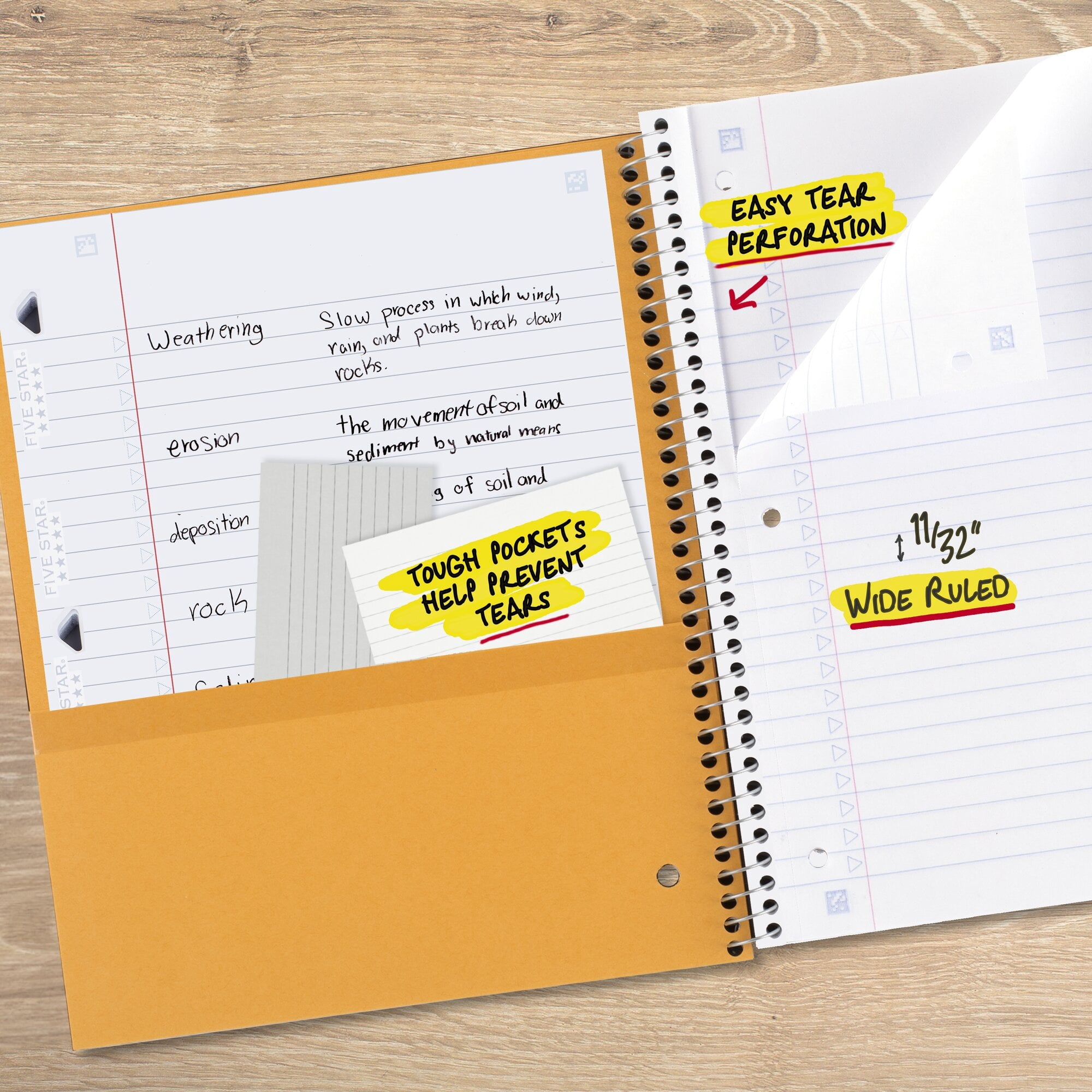 Five Star Spiral Notebook + Study App, 5 Subject, Wide Ruled, 8" x 10.