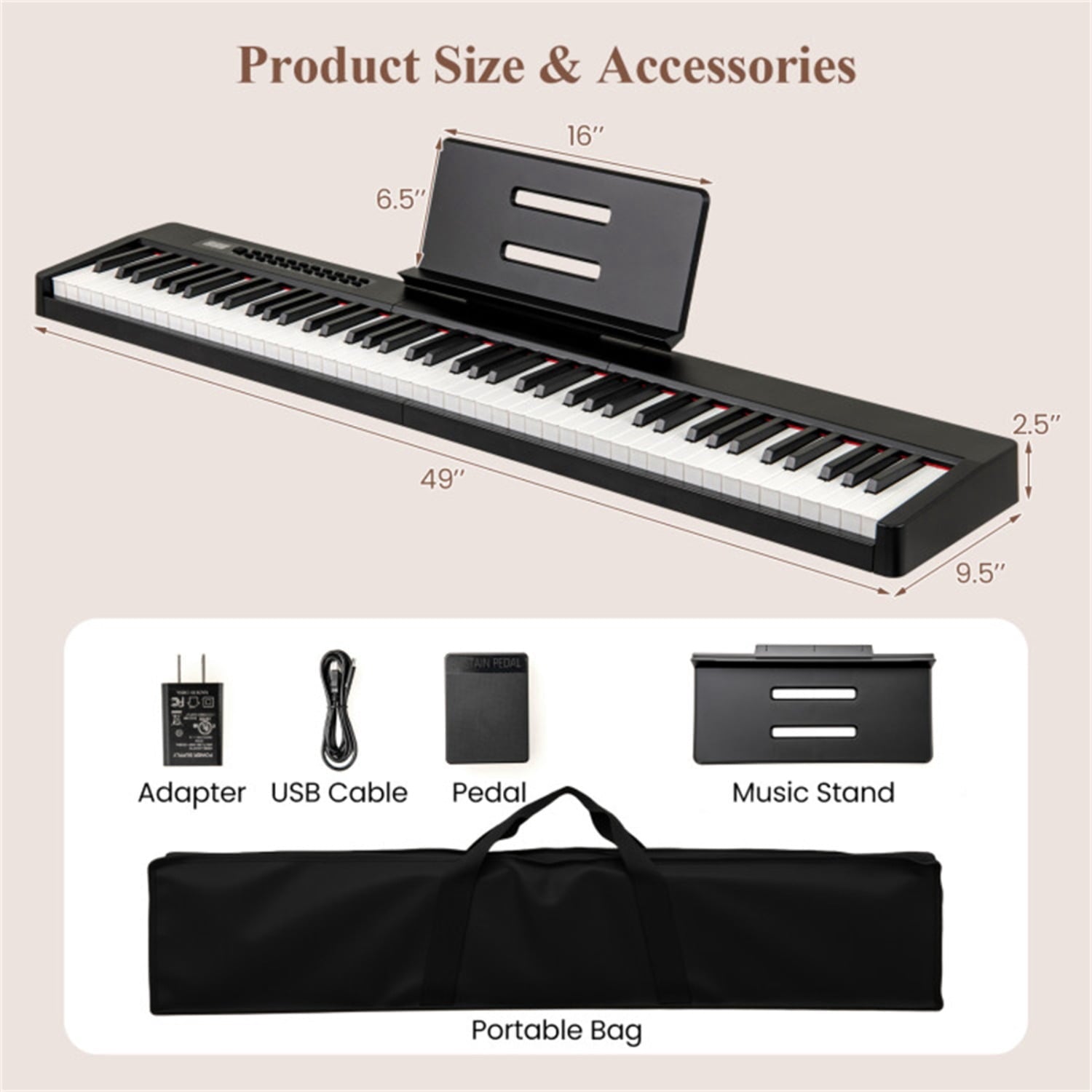 88-Key Velocity-Sensitive Digital Piano, 124.46×24.13×6.35 cm French