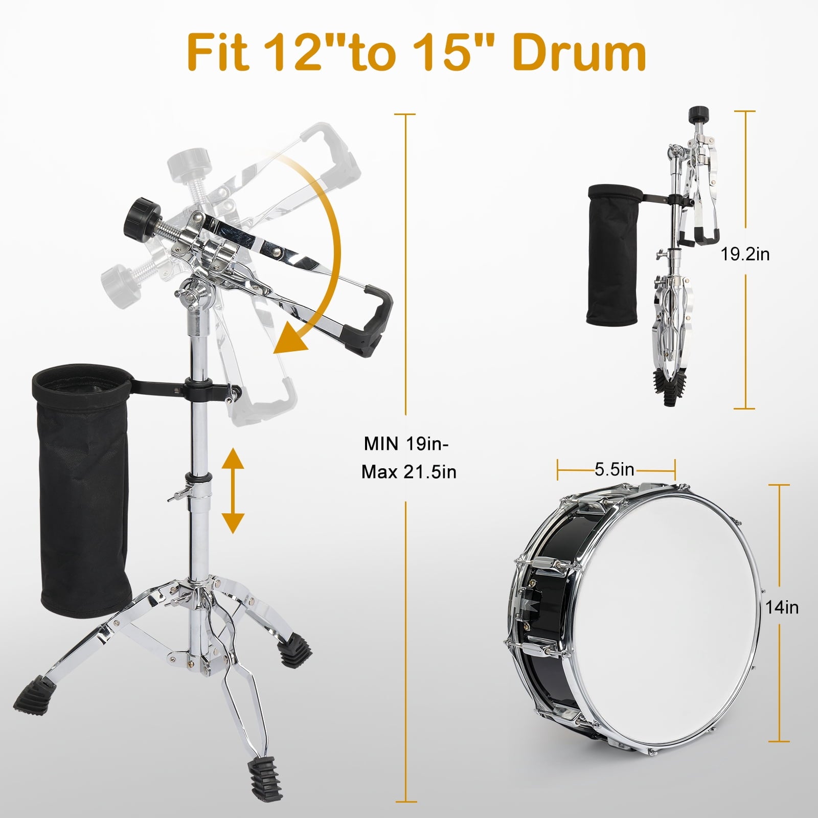 Snare Drum Set with Drumstick Holder, Snare Drum Bag, Strap, Mute Pad