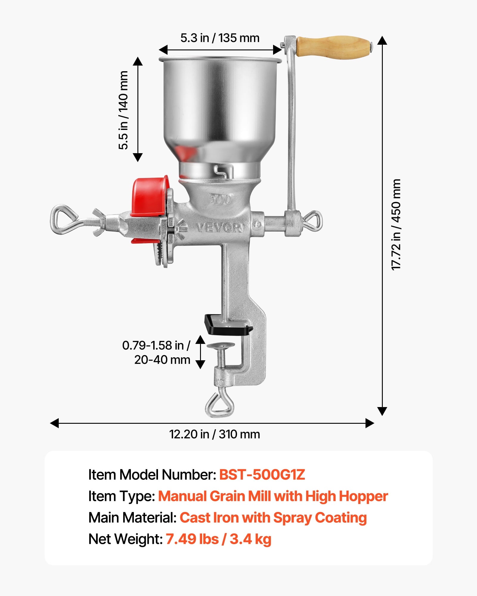 VEVOR Manual Grain Mill with High Hopper, Hand-Crank Corn Grinder, Hea