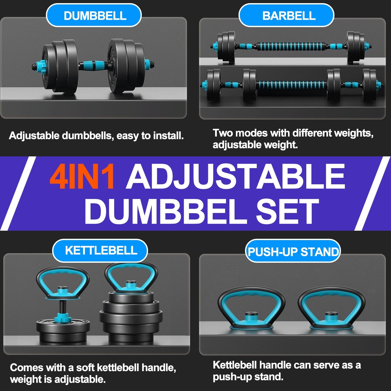 Adjustable Dumbbells, 45LBS 4-in-1 Portable Changeable Dumbbell, Kettl