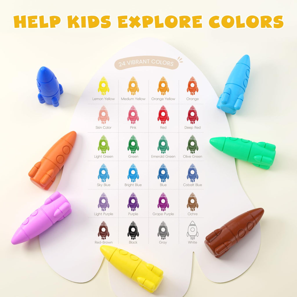 Jupitearth 24 Ct Non-Toxic Washable Rocket Crayons for Toddlers, Easy-