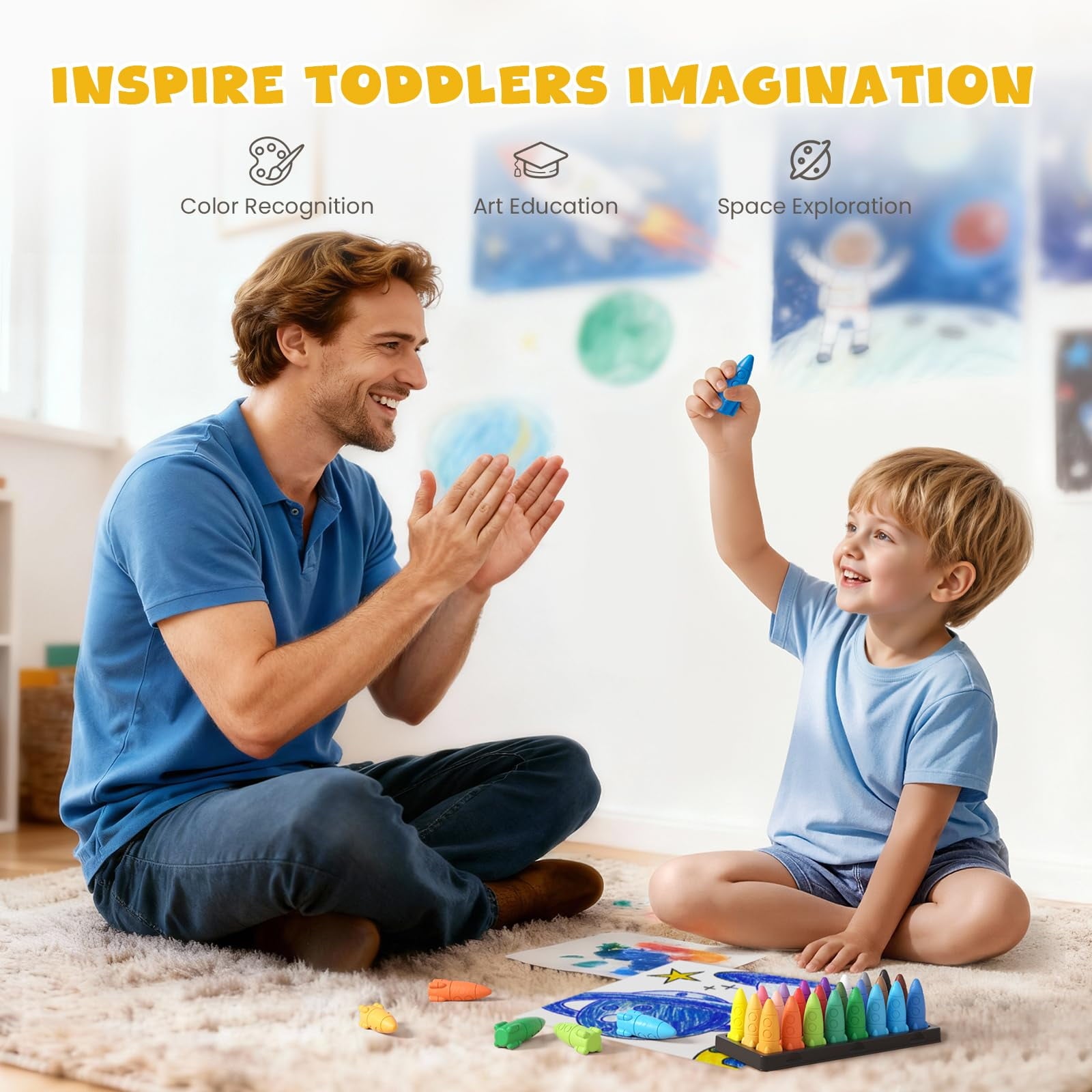 Jupitearth 24 Ct Non-Toxic Washable Rocket Crayons for Toddlers, Easy-