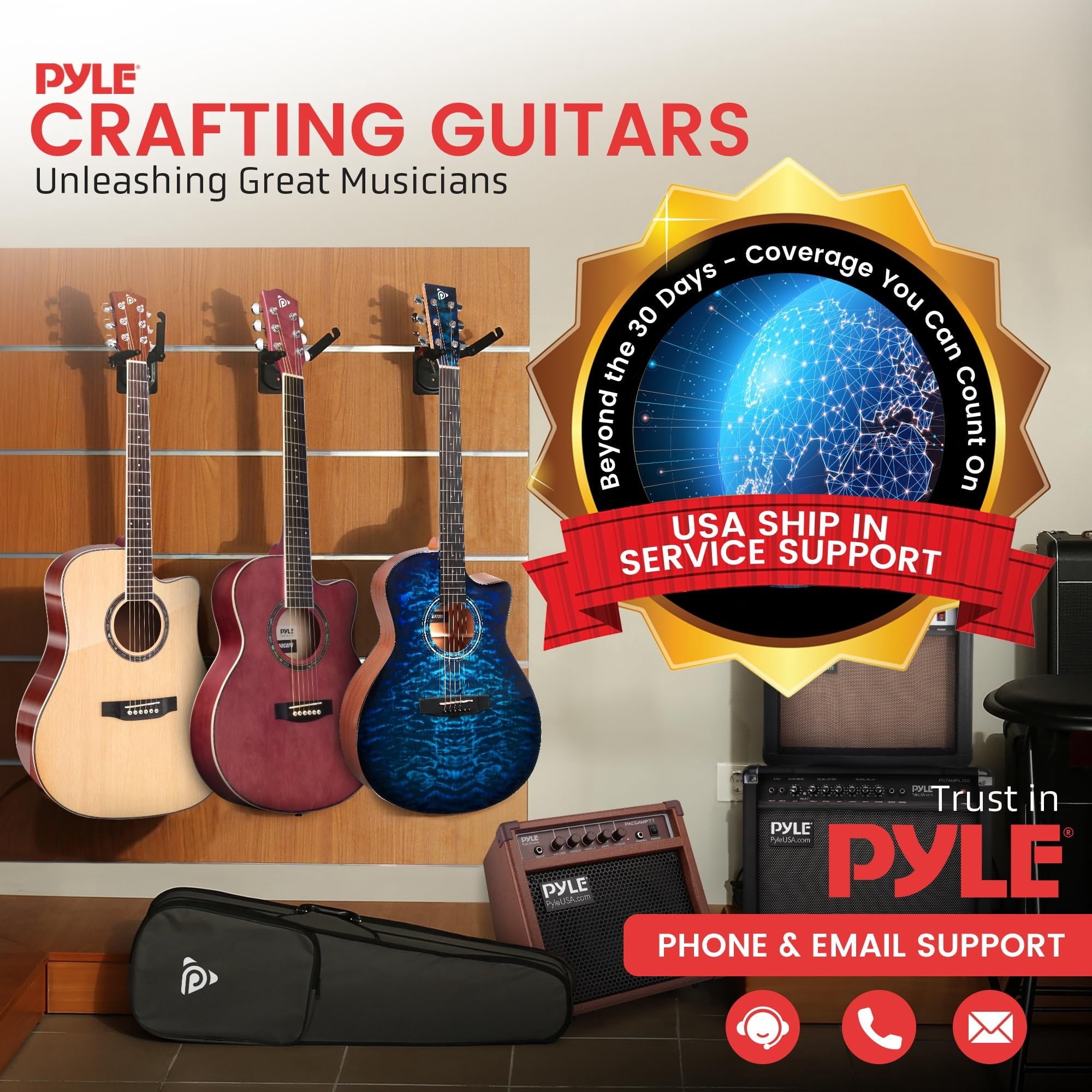 Pyle 6 String Acoustic Guitar, Right, Black Matte, 30" PGACLS30BKMT