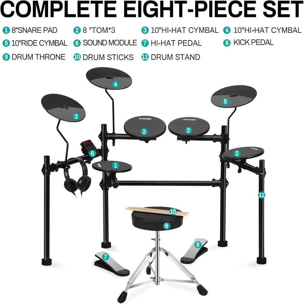 AODSK AED-100 Electric Drum Kit with 4 Quiet Pads, 200 Sounds, 2 Pedal
