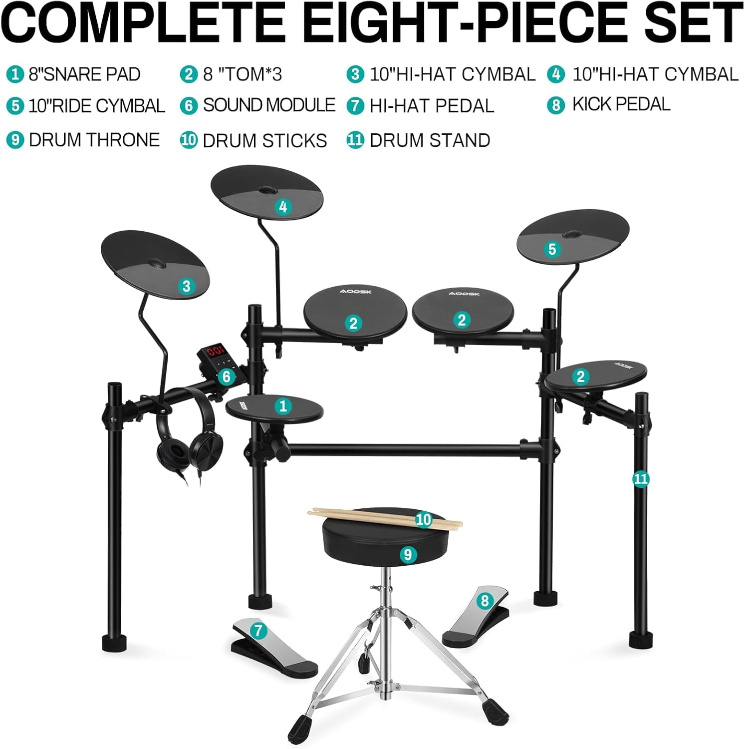 AODSK AED-100 Electric Drum Kit with 4 Quiet Pads, 200 Sounds, 2 Pedal