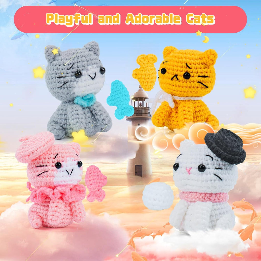 Becikitc Beginner Crochet Kit, 4-Pack Cat Animals with Yarn, Tools and