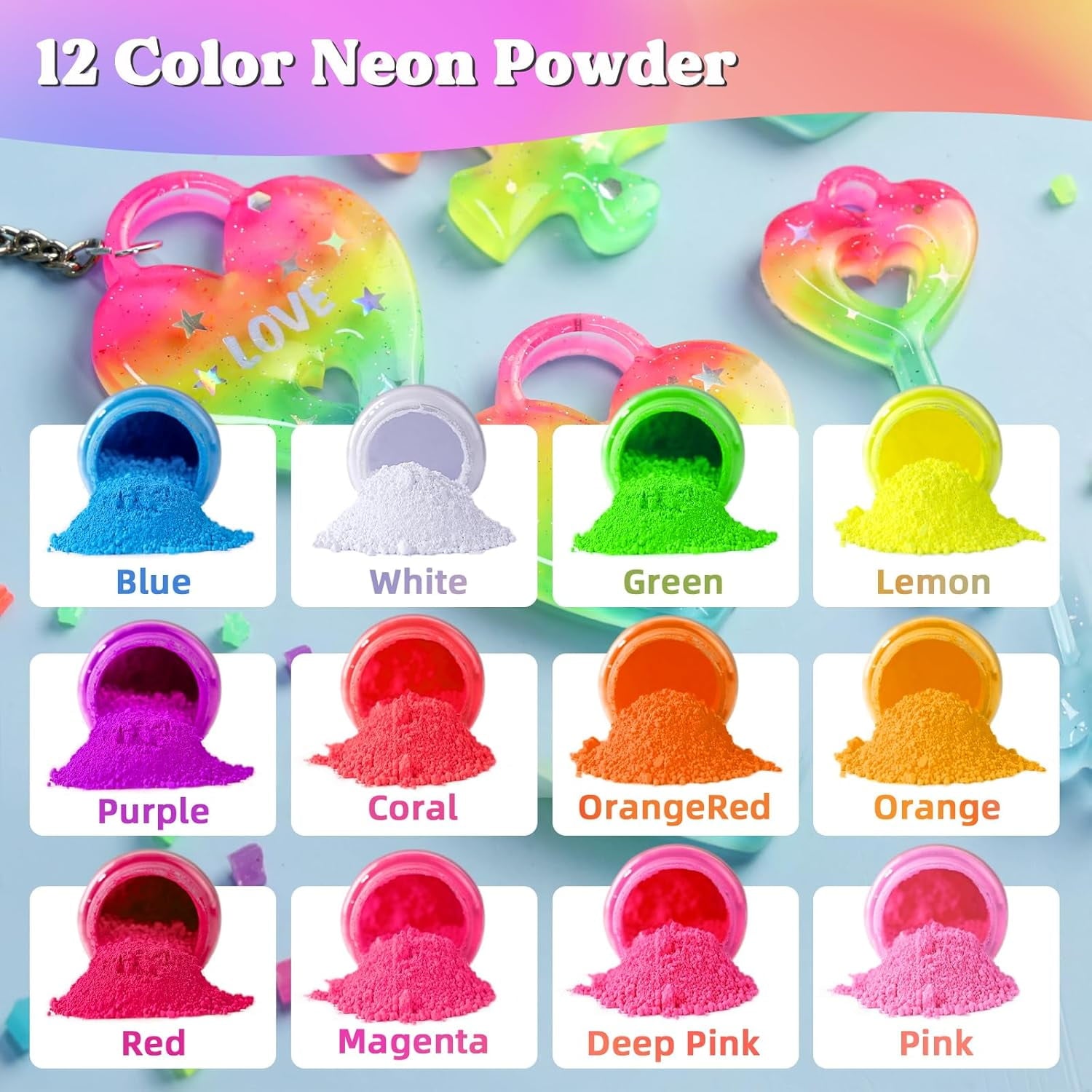 LET'S RESIN 12-Color Neon Fluorescent Mica Powder for Epoxy Resin, Cra