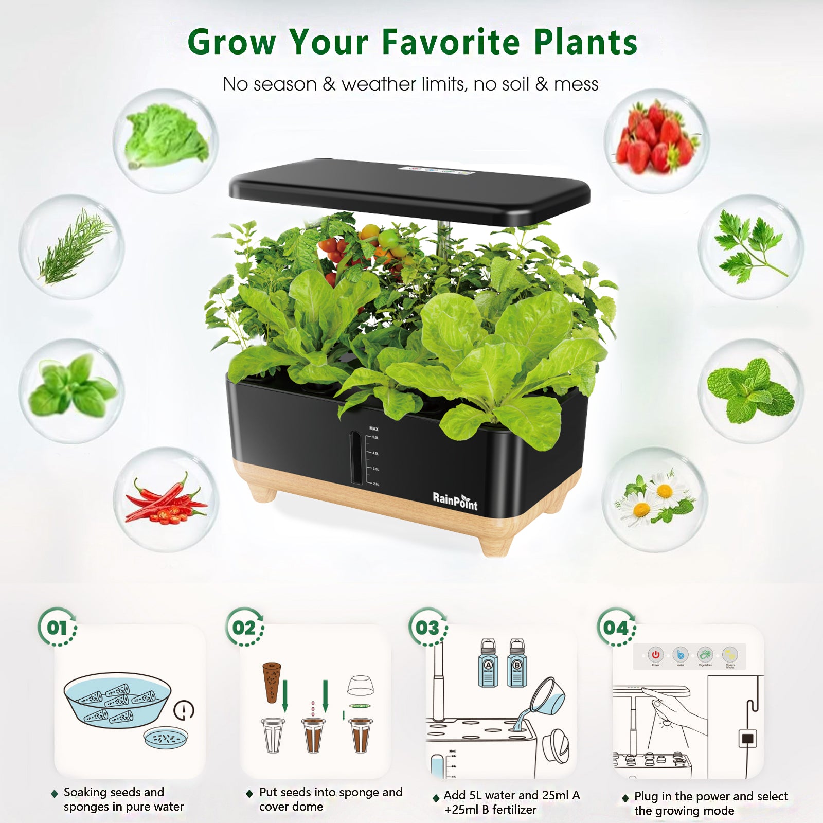 RainPoint 5L Smart Hydroponics System, Indoor Growing Kit 13 Pods