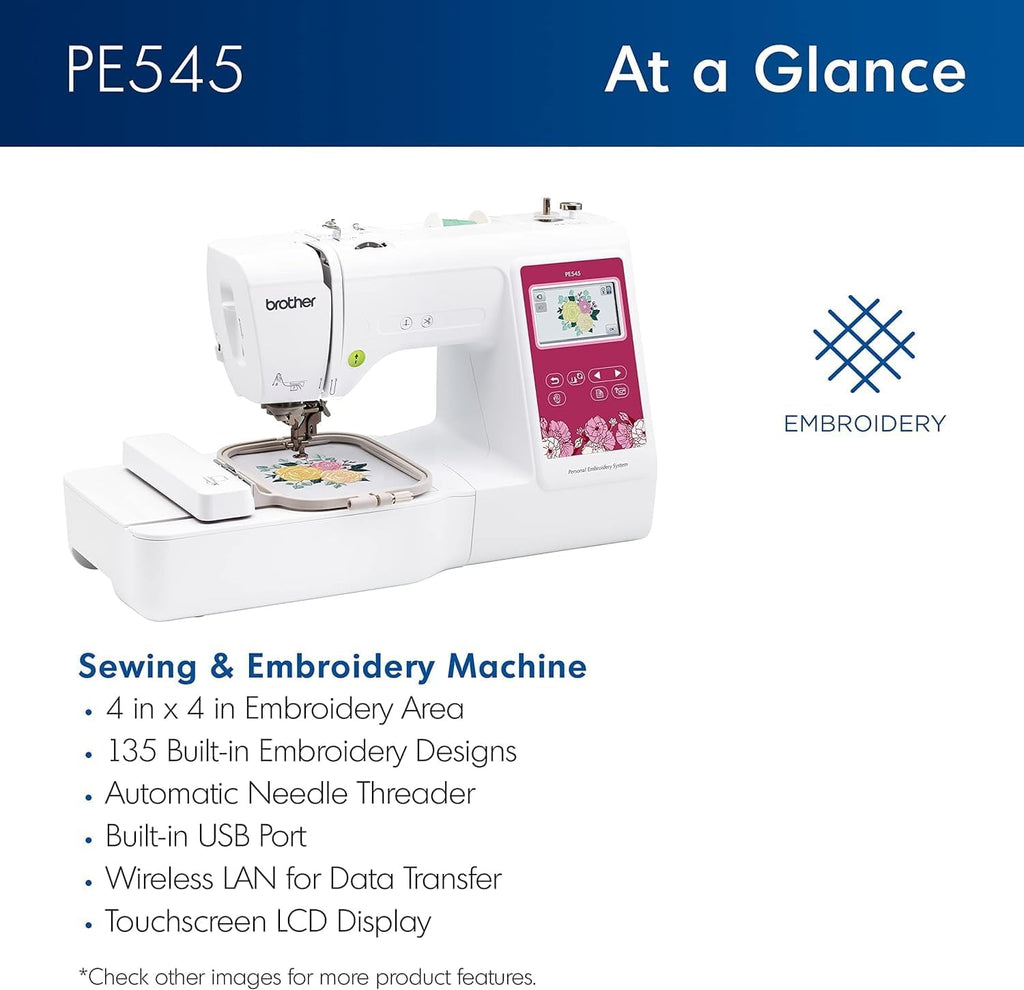 Brother PE545 Embroidery Machine with Wireless LAN, 4" x 4" Hoop Area,