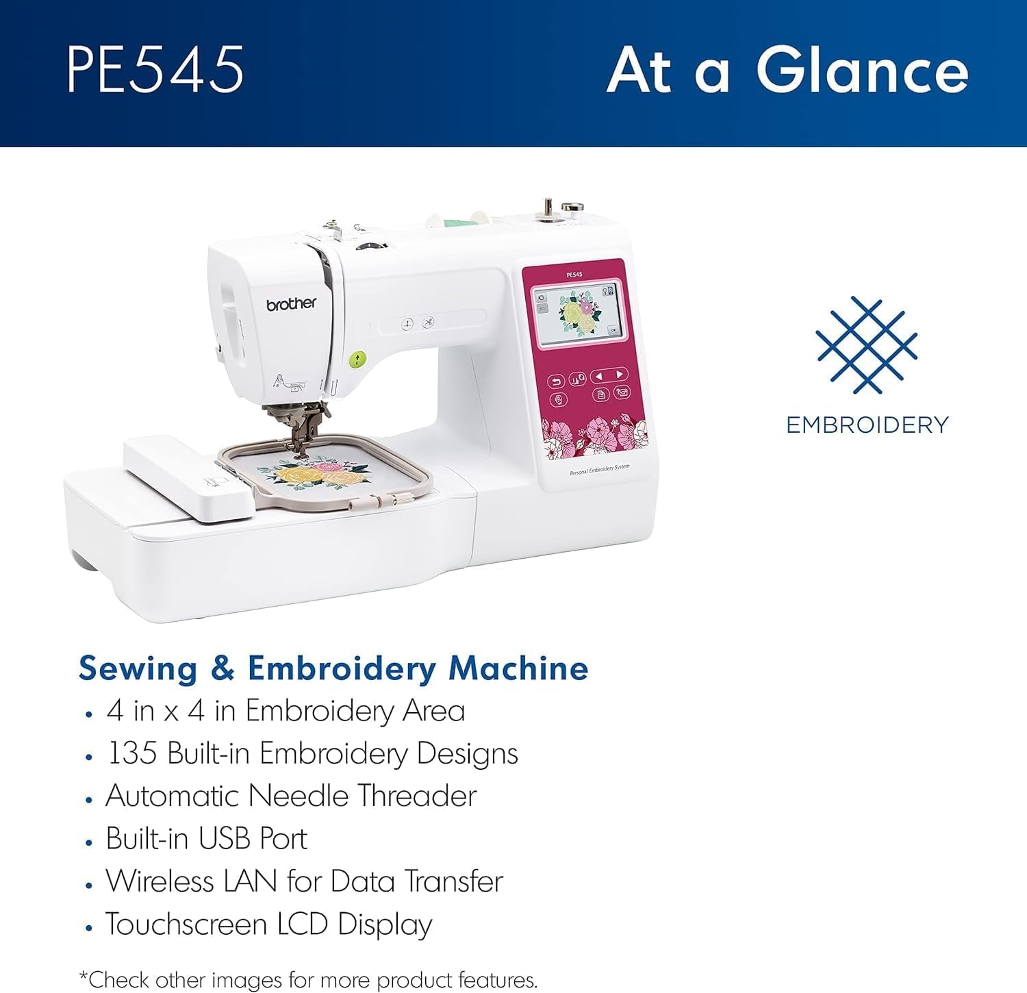 Brother PE545 Embroidery Machine with Wireless LAN, 4" x 4" Hoop Area,