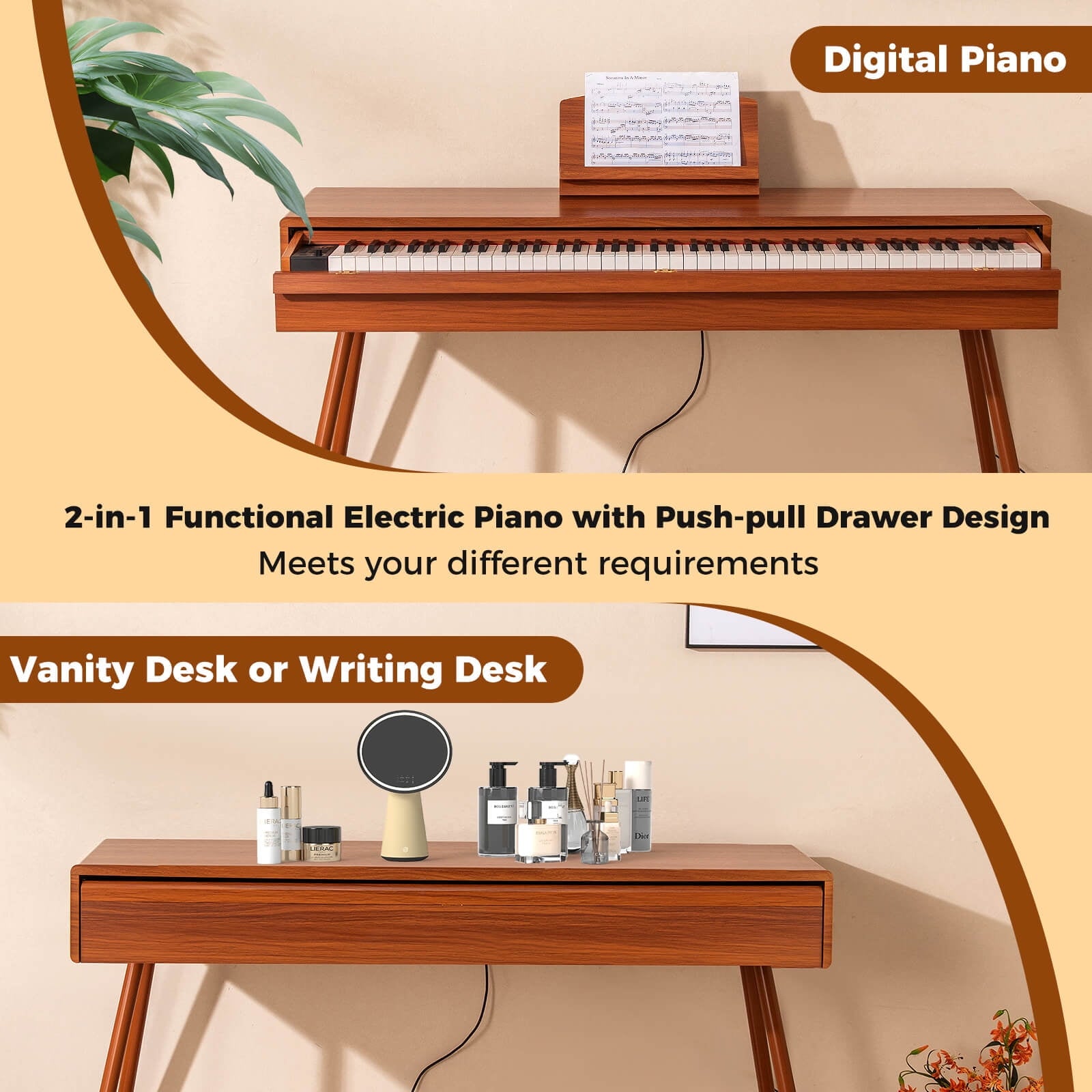 Costway 88-Key Graded Hammer Action Weighted Keyboard with Push-pull D