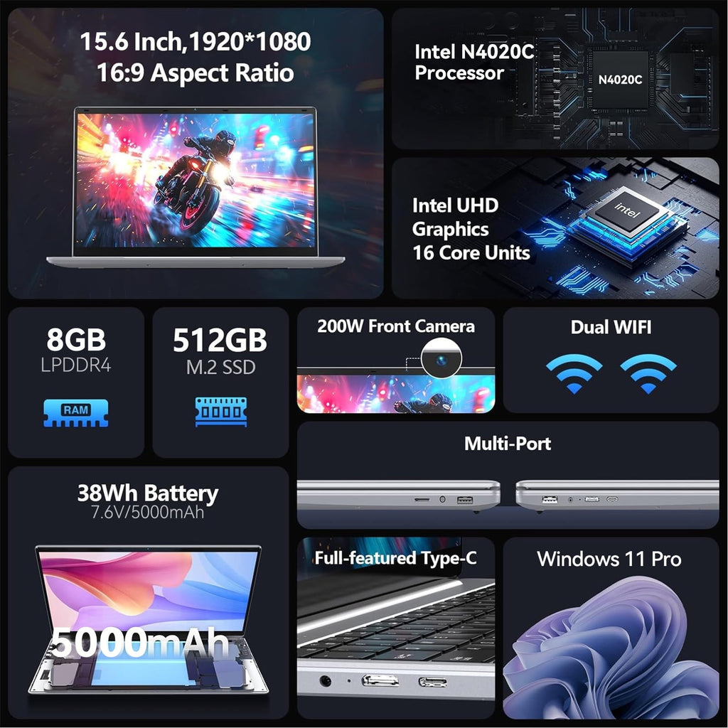 15.6 Inch Windows 11 Pro Laptop, 8GB RAM 512GB SSD, Intel Celeron, FHD