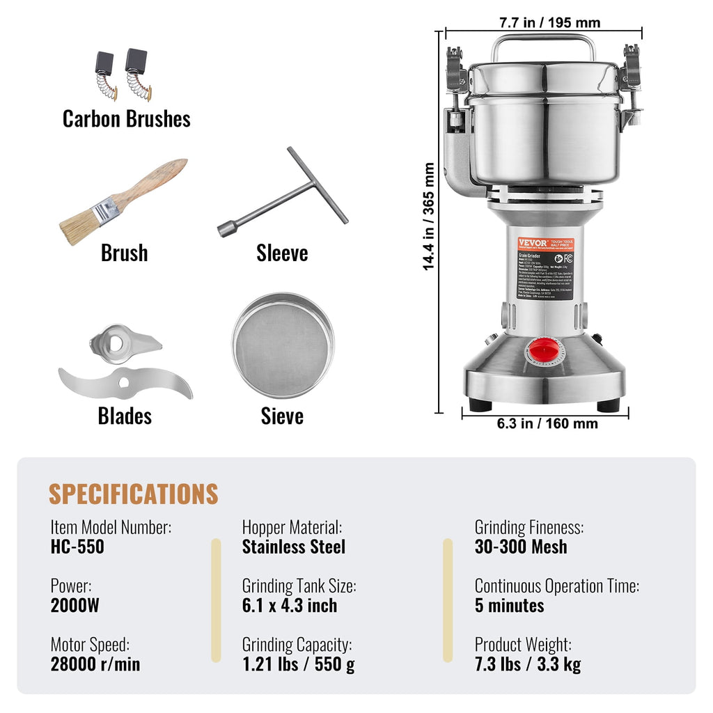 VEVOR 550g Electric Grain Mill Grinder, High Speed 2000W Commercial Sp