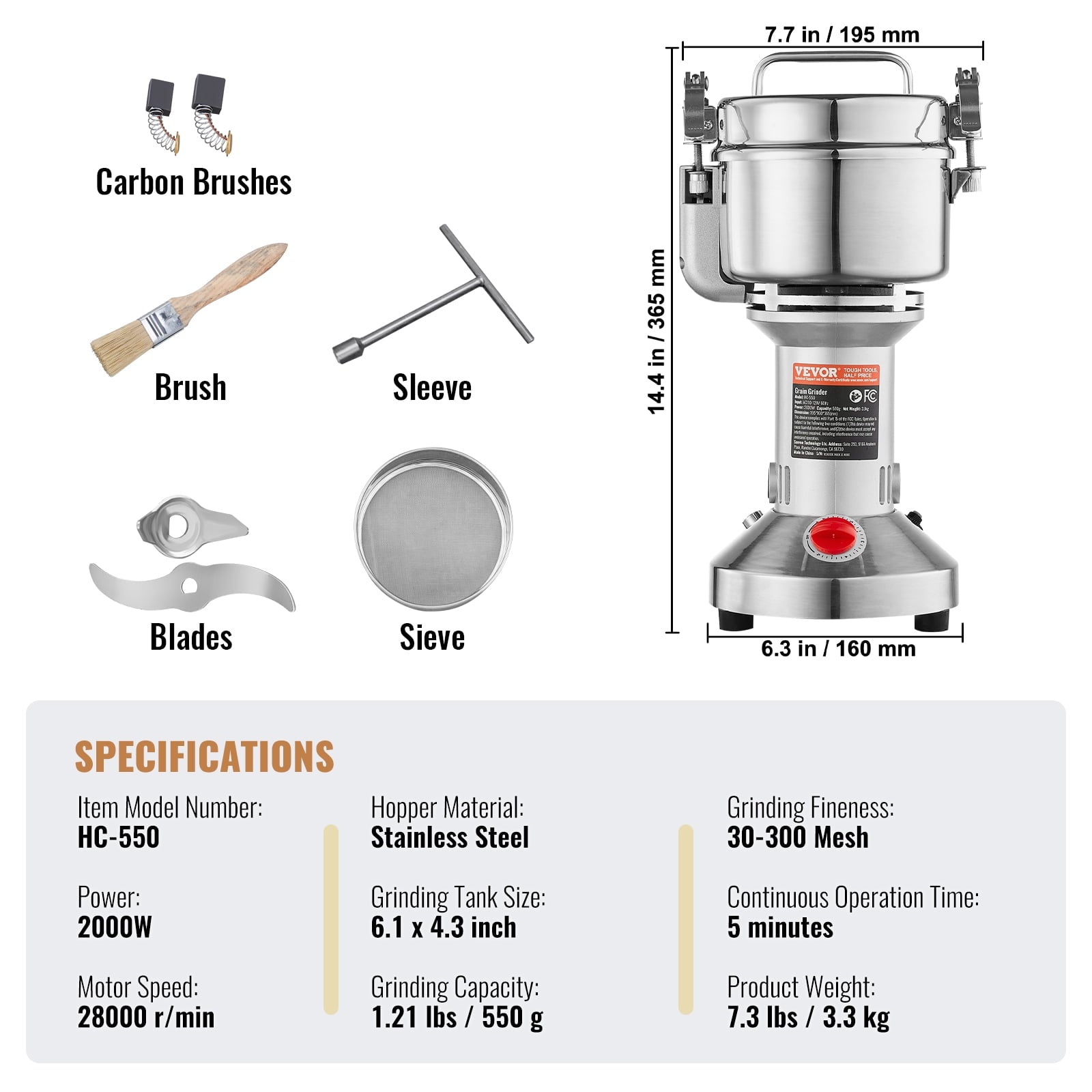VEVOR 550g Electric Grain Mill Grinder, High Speed 2000W Commercial Sp