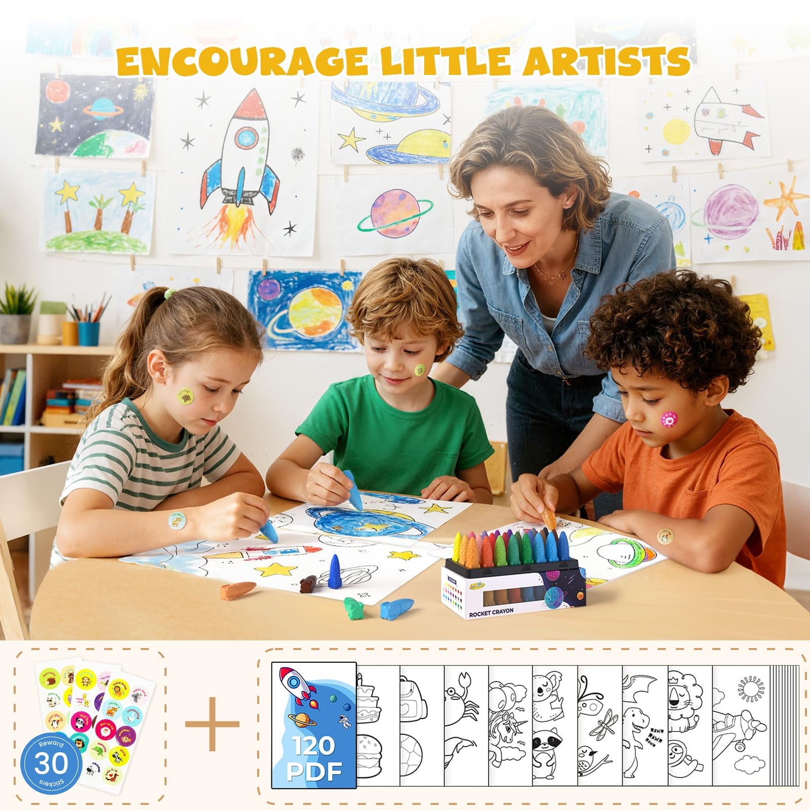 Jupitearth 24 Ct Non-Toxic Washable Rocket Crayons for Toddlers, Easy-
