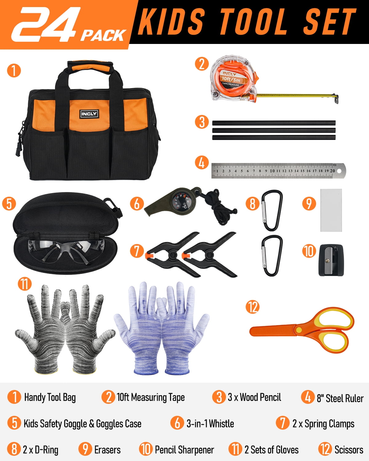 INCLY 24 PCS Real Tool Set with Tool Bag, Boys Small Real Hand Tools K