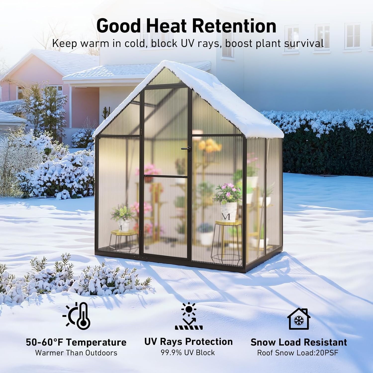Sylviera 6x4ft Outdoor Walk-in Greenhouse, Heavy-Duty Polycarbonate Gr