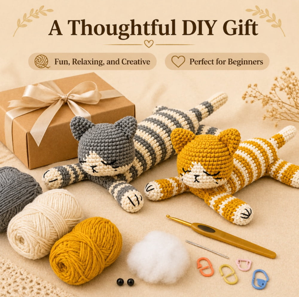 2 Pack Sleeping Cat Crochet Kit for Beginners, Cat Amigurumi Starter S