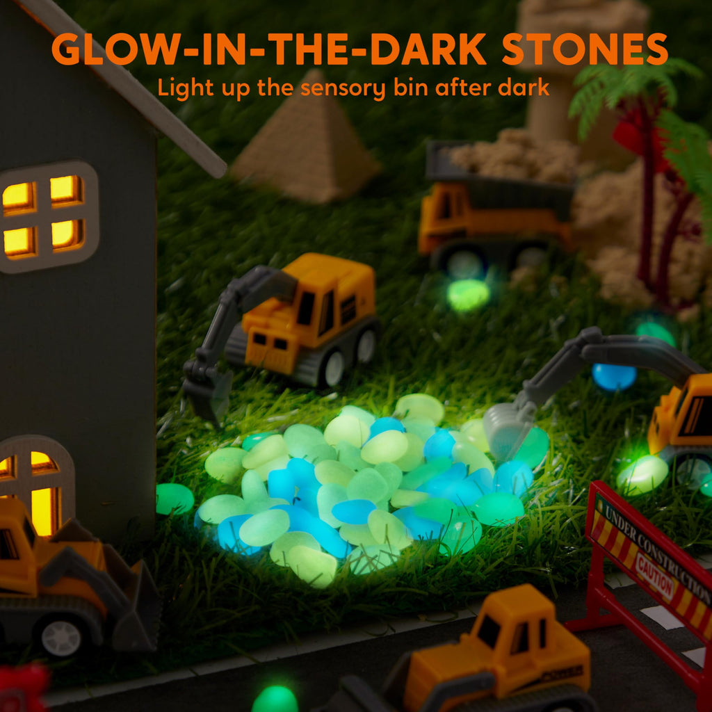 Construction Sensory Bin with Glow-in-The-Dark Stones