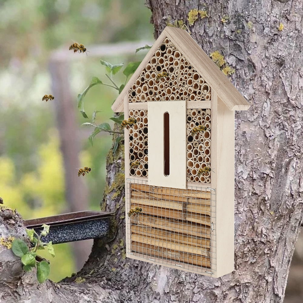 MLfire Bee House Natural Wooden Bee Hive House, Natural Pine Wood Hang
