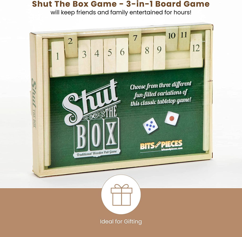 Bits and Pieces Shut The Box 3-in-1 Wooden Board Game with 12 Numbers