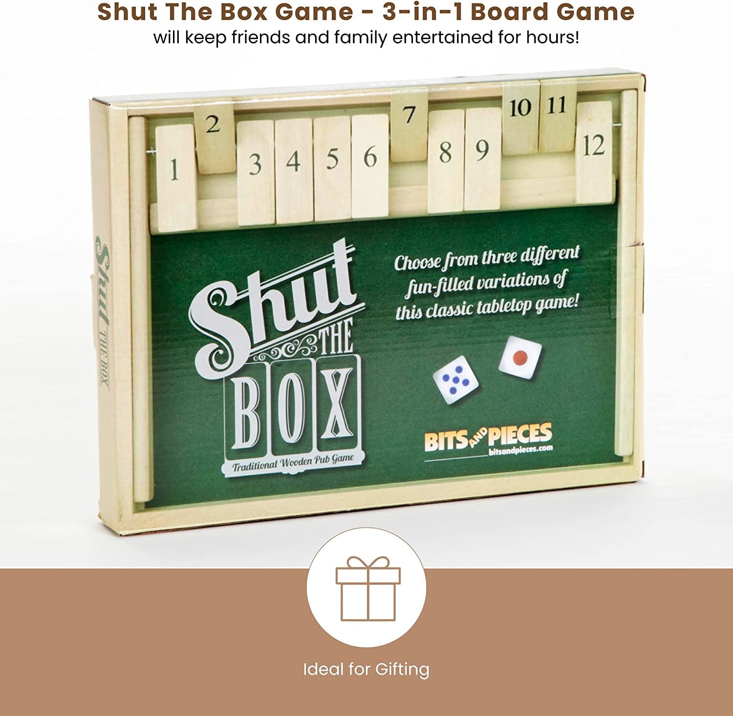 Bits and Pieces Shut The Box 3-in-1 Wooden Board Game with 12 Numbers
