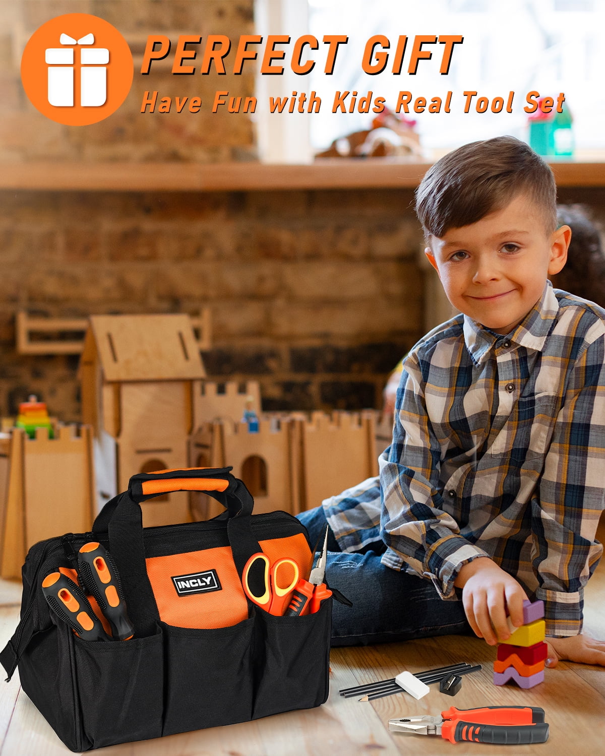 INCLY 24 PCS Real Tool Set with Tool Bag, Boys Small Real Hand Tools K