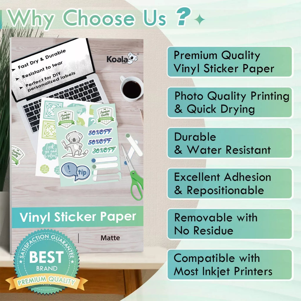 KOALA Printable Vinyl Sticker Paper 8.5x14, Waterproof, Matte White fo