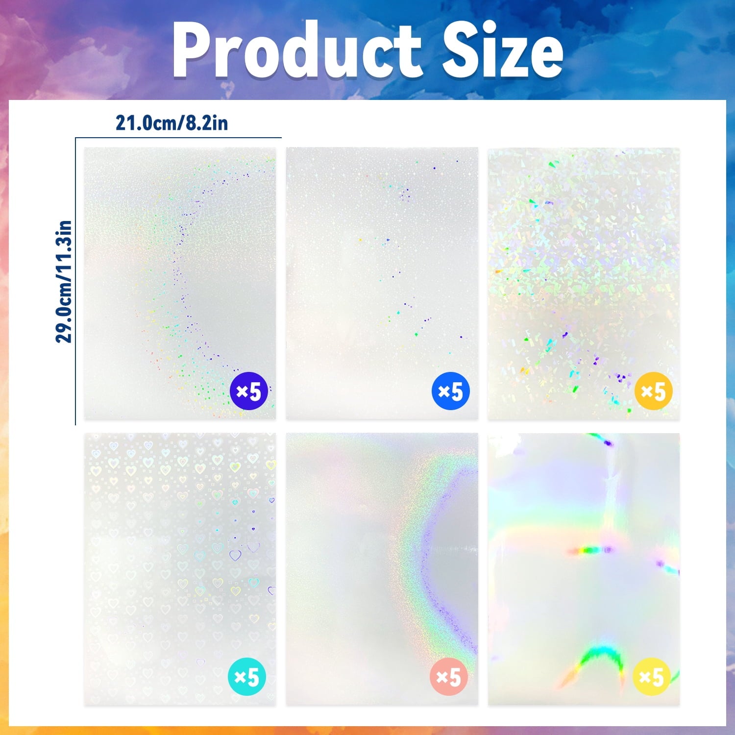 30 Sheets A4 Holographic Sticker Paper, Waterproof Clear Vinyl Laminat