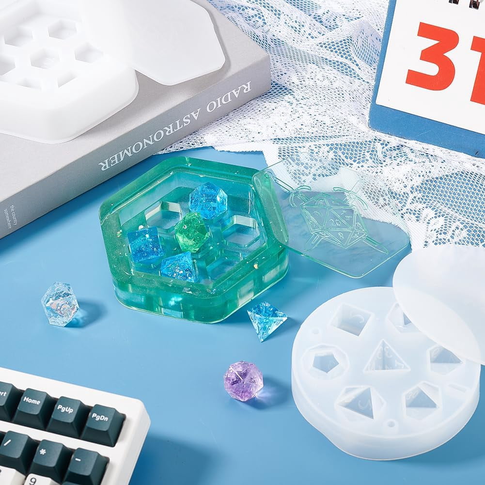 2Sets Dice Mold Set with 7 Pcs Dice Silicone Molds Dice Storage Tray S