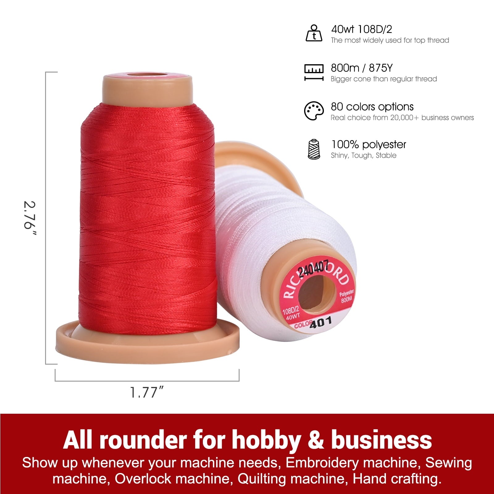 RICHWORD Embroidery Thread 40 Colors, 800M (874Y) Polyester Thread Kit