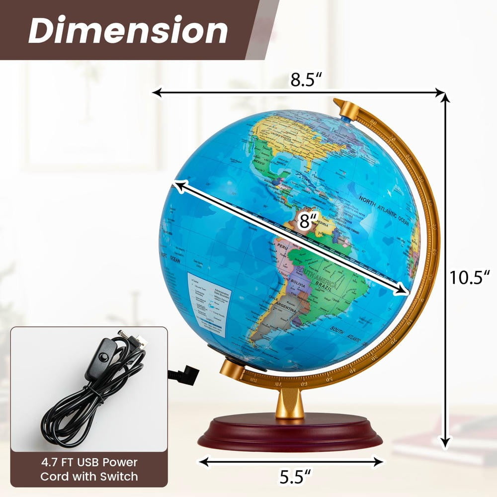 Barara King 8 Inch World Globe for Students with Wooden Stand and HD M
