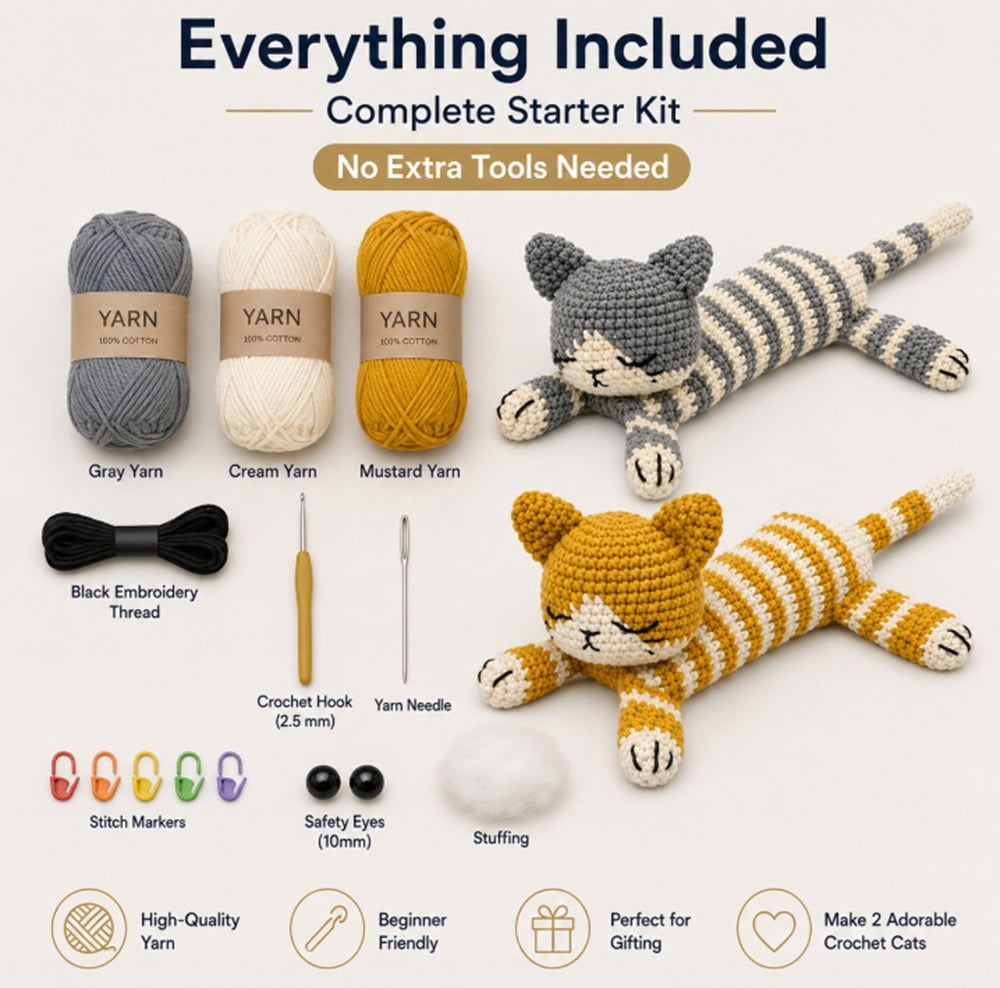 2 Pack Sleeping Cat Crochet Kit for Beginners, Cat Amigurumi Starter S