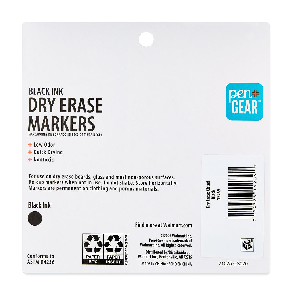 Pen+Gear Dry Erase Markers, Chisel Tip, Black, 4 Count
