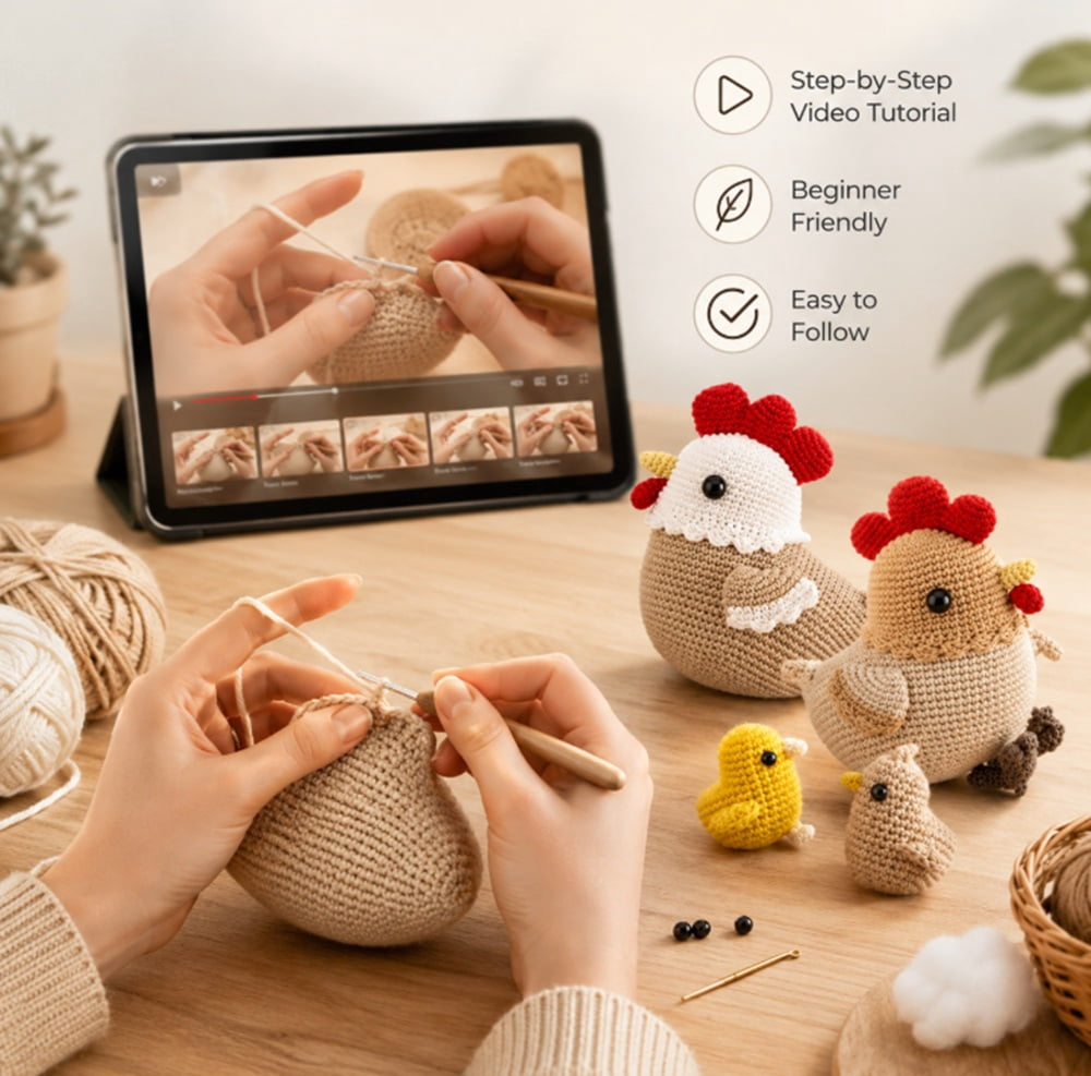 4 Pack Chicken Family Crochet Kit for Beginners, Chicken Amigurumi Sta