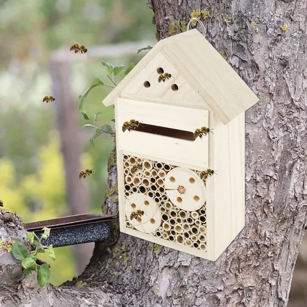 MLfire Bee House Natural Wooden Bee Hive House, Natural Pine Wood Hang
