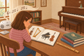 Music study illustration with a floating Beethoven-inspired musical staff